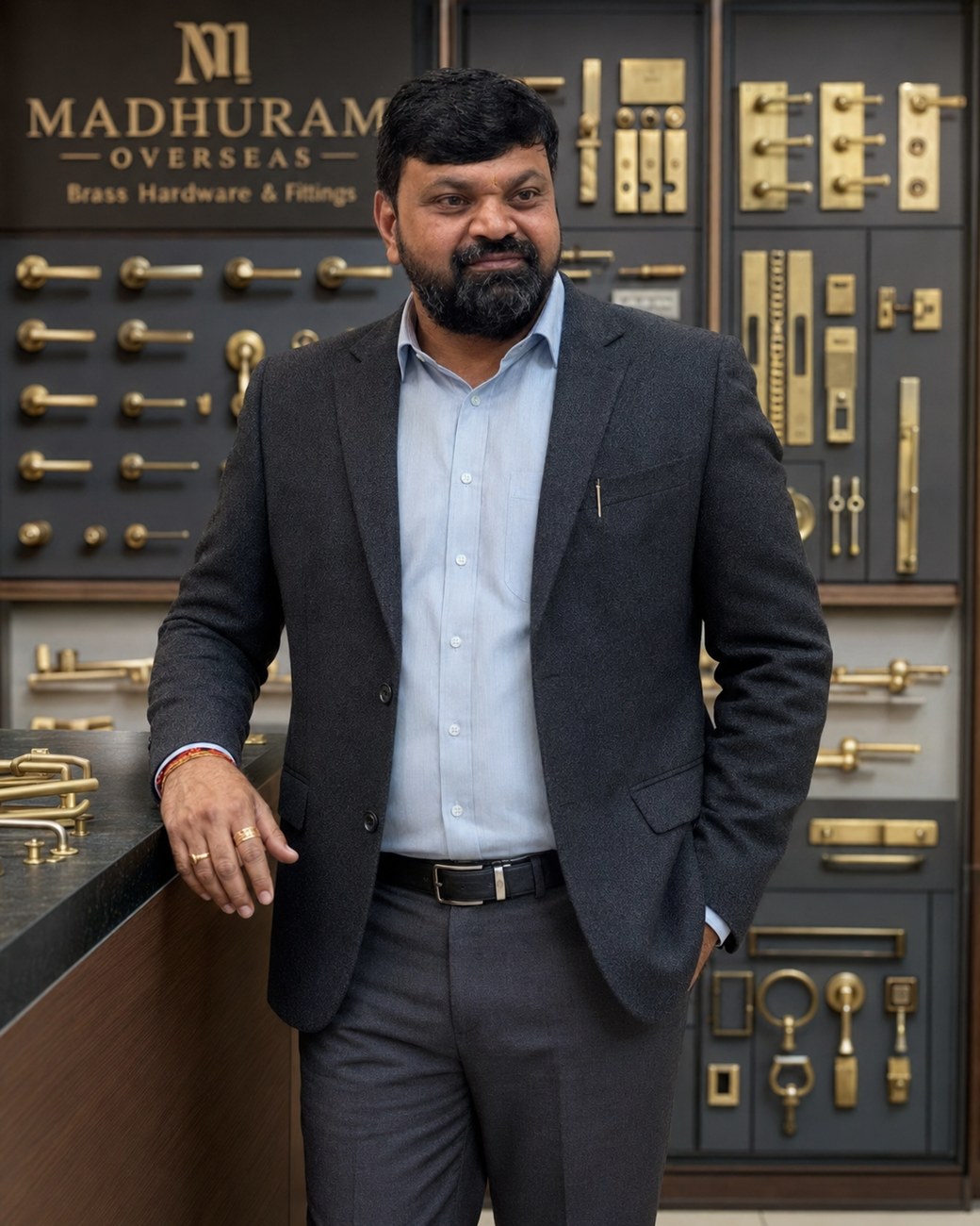 Mr. Jignesh Dangariya at the Madhuram Overseas brass-hardware showroom, Jamnagar